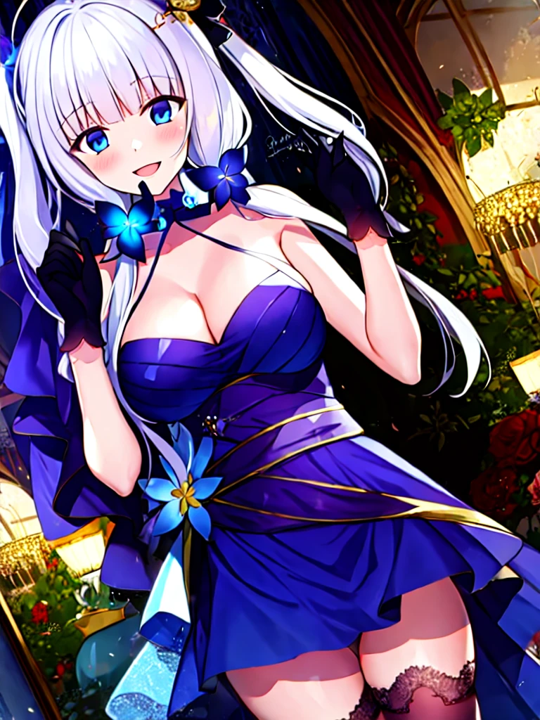 (masterpiece, best quality:1.2), 1 Girl, Solitary, white hair, Black gloves, hands up, black, indoors,giggle