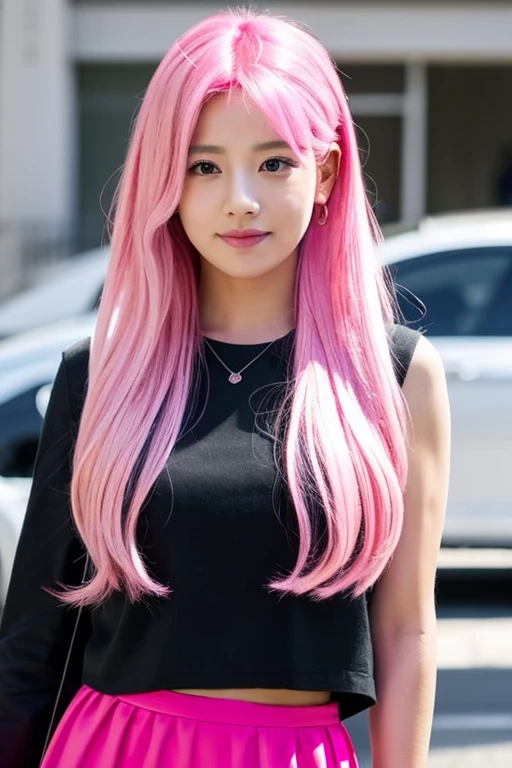  girl pink hair long hair pink outfit black
