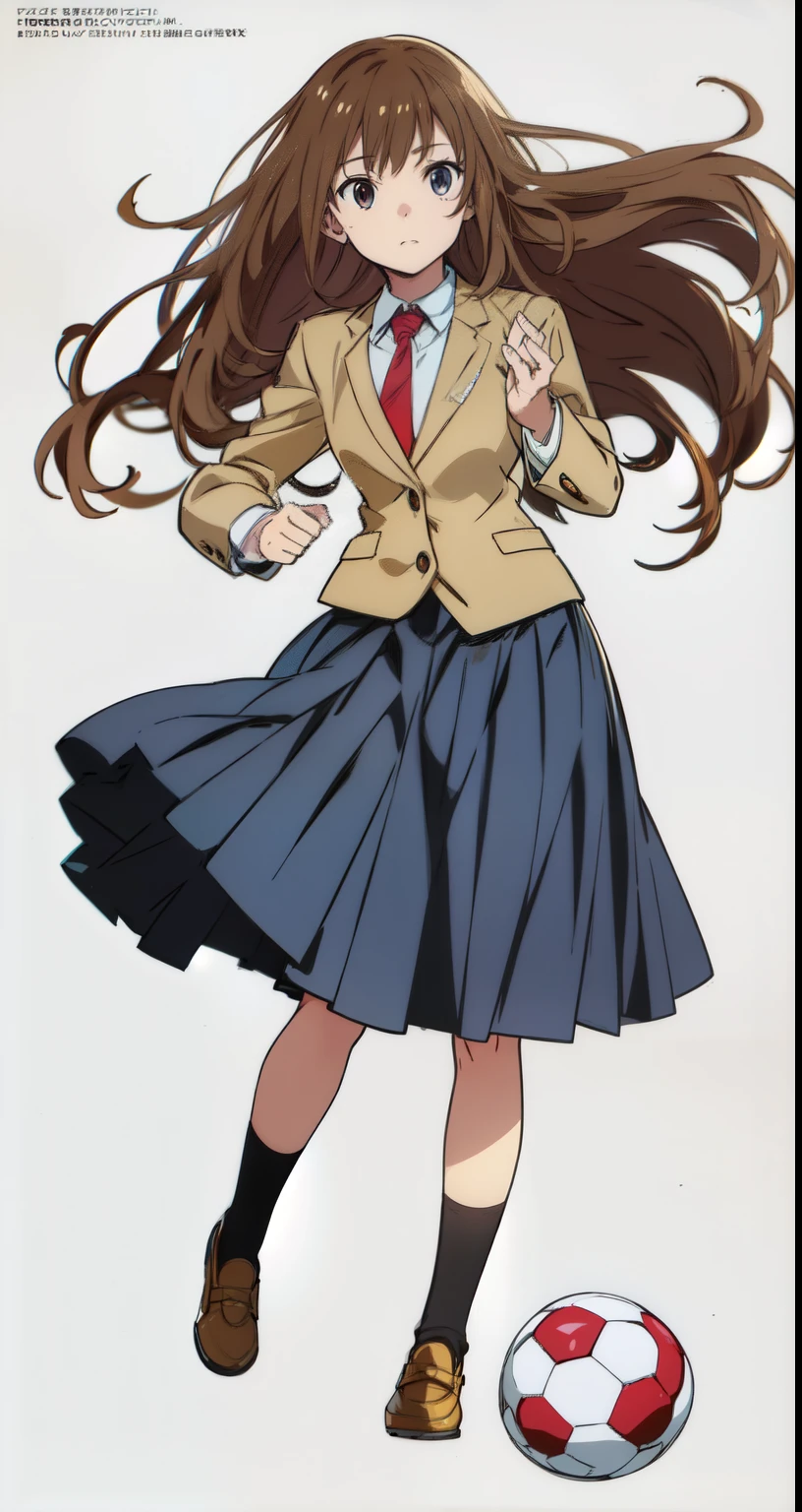 (playing soccer:1.5), (running:1.5), (dynamic pose:1.5), (wind:1.25), (white background:1.0), (best quality:1.0), (masterpiece:1.0), (super fine illustration:1.0), (beautiful artwork:1.0), (anime screencap:1.0), (official art:1.0), (full body:1.0), (solo:1.0), (HSGα:1.0), (a 18yo cute girl:1.0), (long skirt:1.3), (dark blue skirt:1.0), (pleated skirt:1.0), (school uniform beige blazer:1.0), (red necktie:1.0), (loafers:1.0), (black socks:1.0), (ideal ratio body proportions:1.2), (lanky:1.2), (tall:1.2), (slender:1.2), (small breasts:1.2), (smaller face:1.2), (tareme:1.0), (detailed beautiful eyes:1.0), (detailed beautiful face:1.0), (glowing black eyes:1.0), (long hair:1.0), (brown hair:1.0), (looking at viewer:1.0)