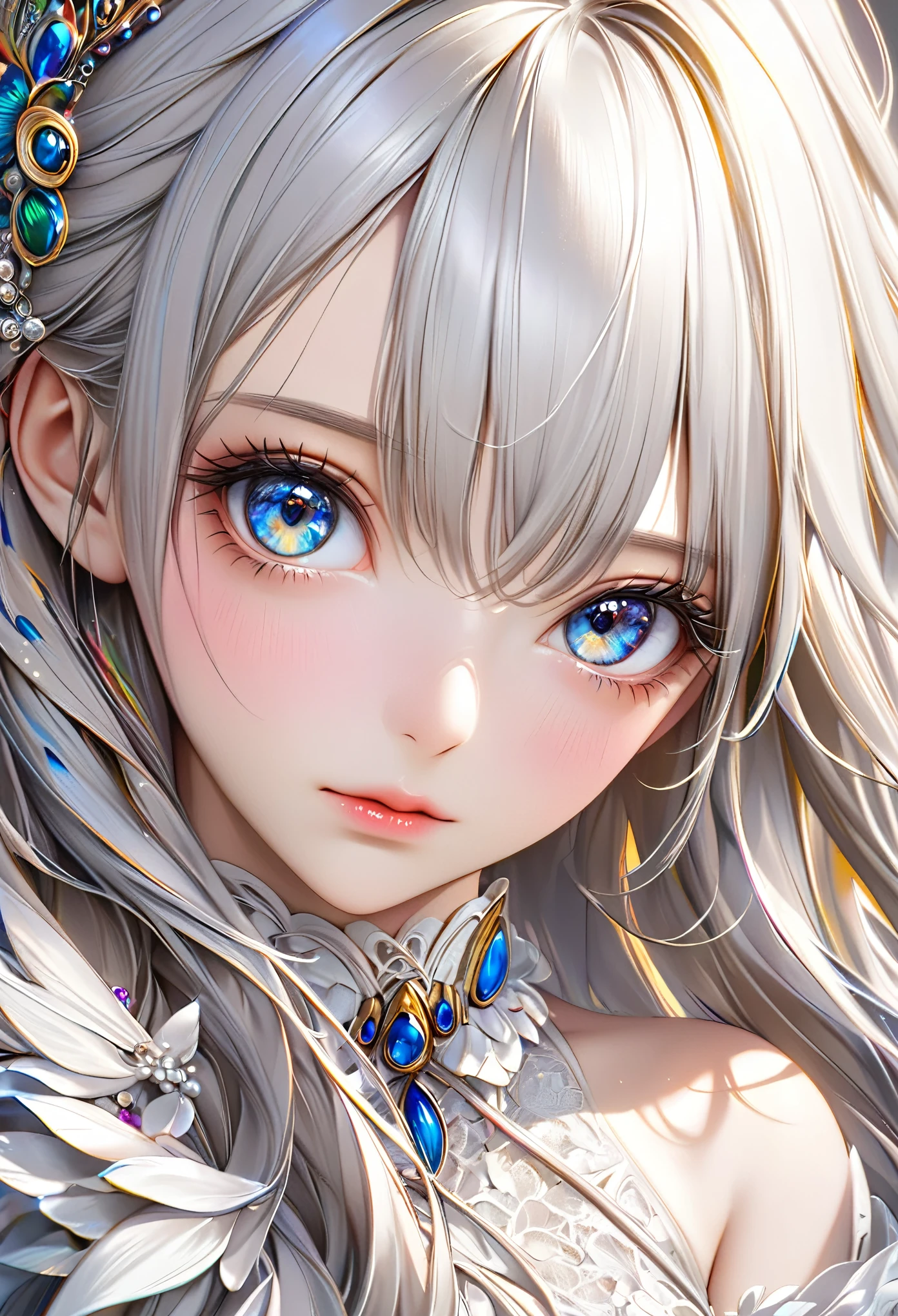 a beautiful girl wearing a white dress, detailed portrait with long hair and bangs, following the rule of thirds, detailed jewelry, (best quality,4k,8k,highres,masterpiece:1.2),ultra-detailed,(realistic,photorealistic,photo-realistic:1.37),extremely detailed eyes and face, longeyelashes,highres,detailed,sharp focus,vivid colors