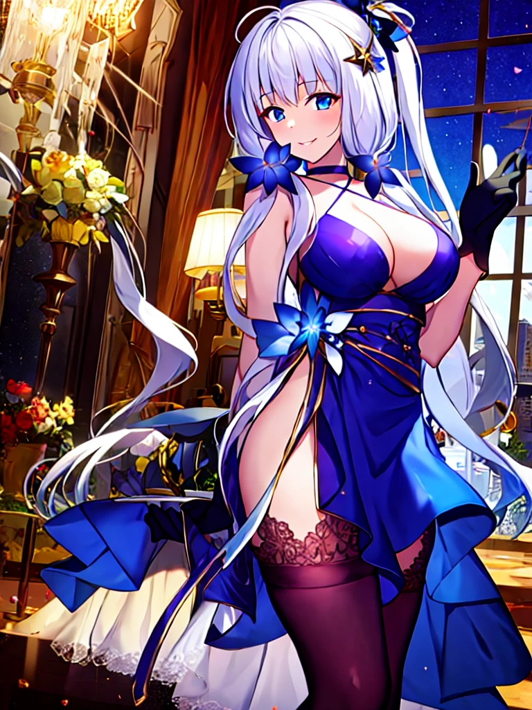 (masterpiece, best quality:1.2), 1girl, solo, white hair, black gloves, hand up, black stockings, indoors,smirk