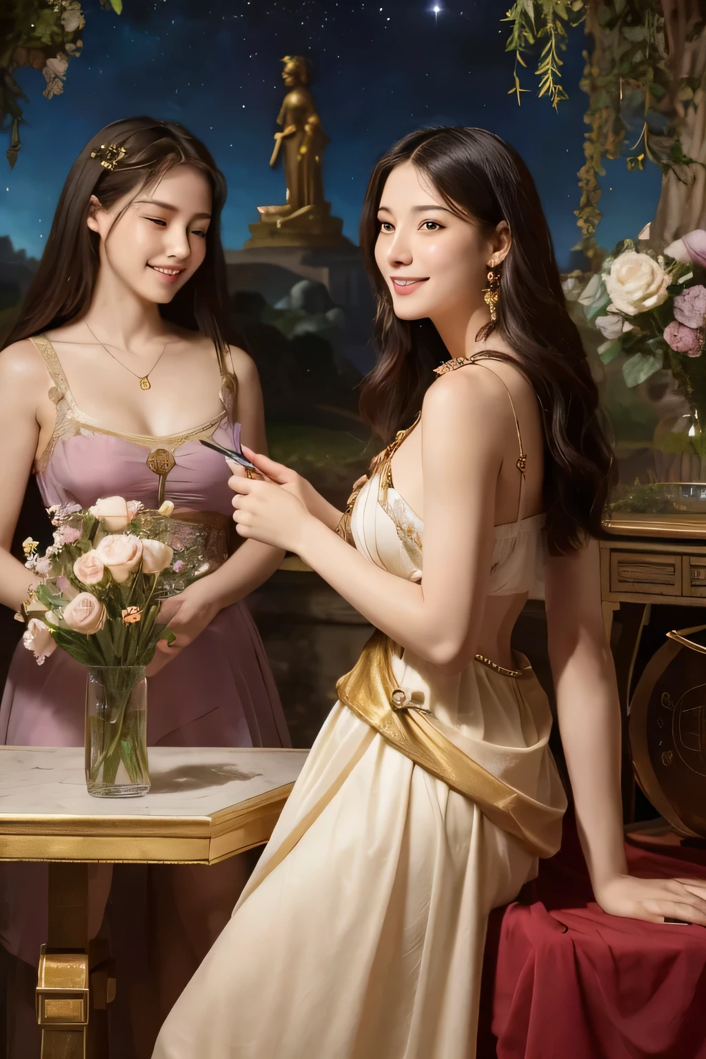Giorgione painting style,Arguments of two female Philosophe,math、astronomical machine、astronaut、roses in vase、fruits、Cute trinkets、smile、ancient greek costume、Background is a forest lake at night 、Clothes that stretch your shoulders、A big smile、beautiful bare skin、A detailed representation of the seducing woman throughout her body.