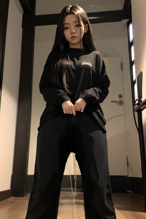 Japanese Girl sees the ghost and pees her black palazzo pants until her pants are wet in fright.