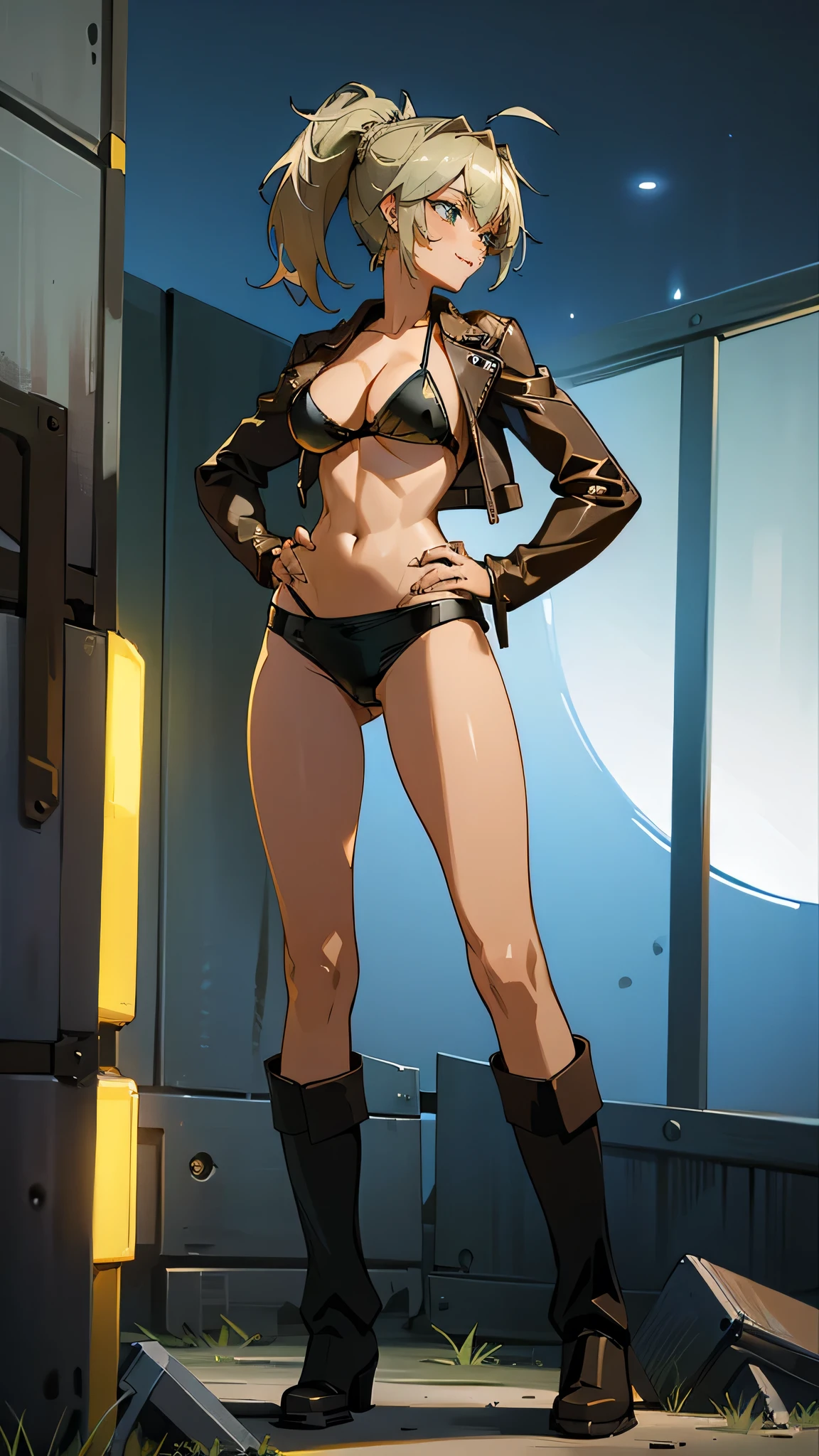 Masterpiece, best quality, Masterpiece, best quality, 1 woman , blue eyes , yellow ponytail , black leather jacket , sly face , smile , bikini , abdomen, big breasts , Long legs , boots , hands on hips , abandoned factory , at night