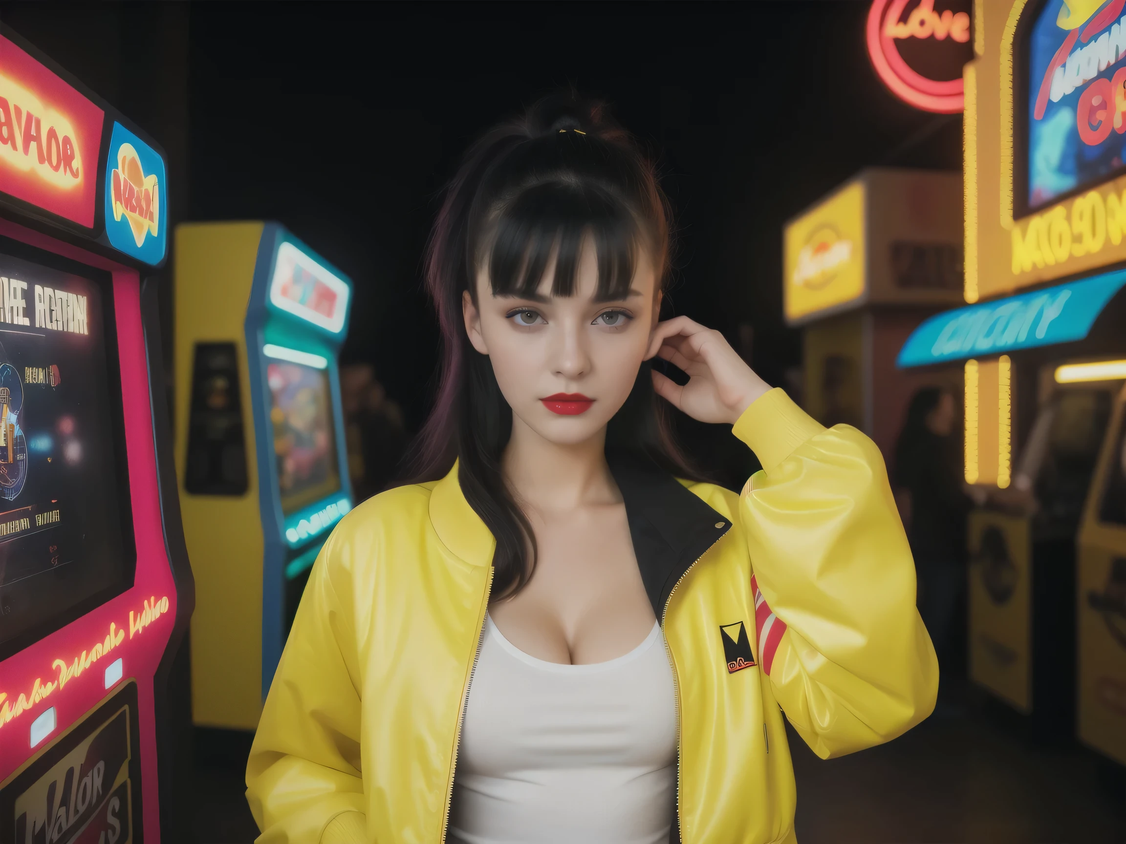 Beautiful 15 years old Bosnian pale woman, lolalove, black hair, red lipstick, asymmetrical mohawk, wearing yellow bomber jacket, white loose t-shirt, 80s arcade, college skirt, neon lights, canon 18 mm, night, realistic portrait, highly detailed, analog style, deep cleavage, playing pacman INFO