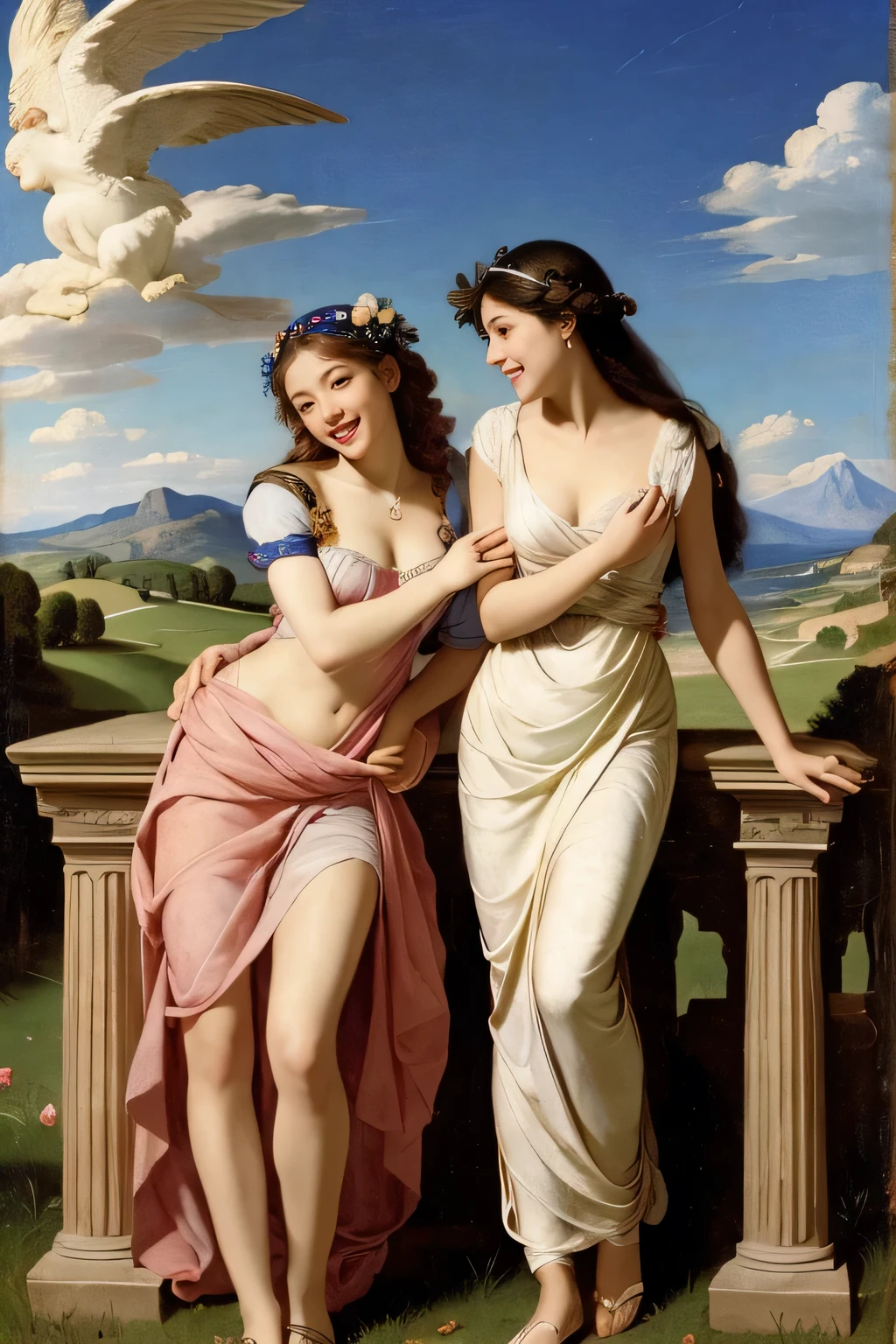 full body portrait or statue、Giorgione painting style,Arguments of two female Philosophe,math、astronomical machine、astronaut、roses in vase、fruits、Cute trinkets、smile、ancient greek costume、Ancient Roman landscape in the style of Nicolas Poussin,laughter,,Sweet and seductive appearance.、Caravaggio's paintings、Chiaroscuro of Caravaggio、hair tousled by the wind,Two women frolicking,cute smile, expression of ecstasy,Sexy,erotic