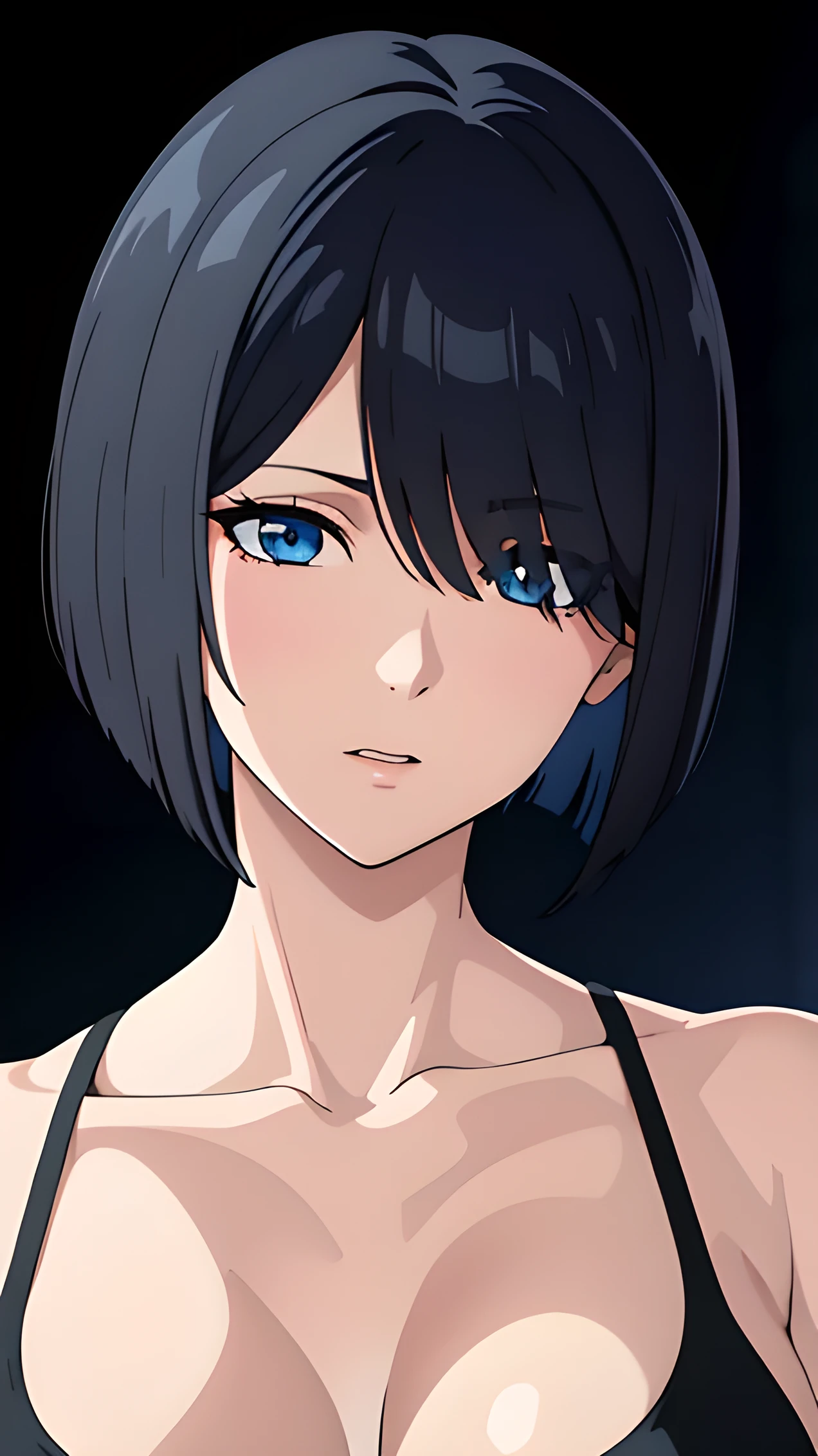 (best quality:1.5, highres, UHD, 4K, detailed lighting, shaders), black hair, bob cut, hair covering one eye, cool woman, cool girl, Slender Eyes,, blue eyes, beautiful, simple background, workout