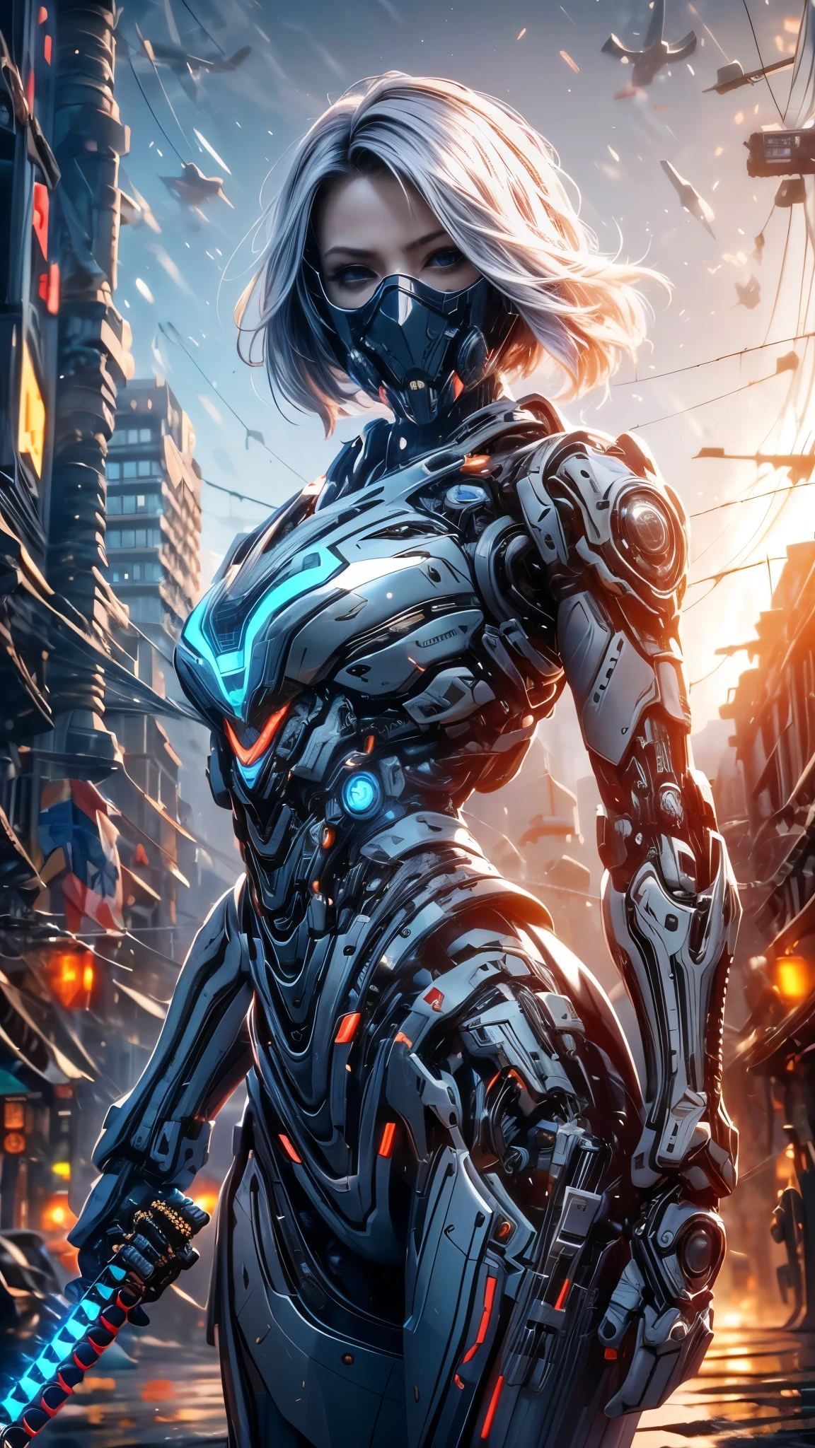 Super realistic, hyper realistic, super detailed, (cyborg assassin girl, beautiful face, sharp looks, mesmerizing blue eyes, short hair, platinum blond hair, full body armor, clothing cutout, foggy background, desert, depth of field, science fiction, (mechanical (mouth mask)), cyborg, intricate detailed mechanical humanoid, cyberpunk),  (hold katana on her hand:1.3), (ruin of building background:1.25),  masterpiece, best quality, wide-angle Hyperdetailed, masterpiece, best quality, 8k, natural lighting, soft lighting, sunlight, HDR (High Dynamic Range), Maximum Clarity And Sharpness, high contrast, photon mapping, Multi-Layered Textures, facing foward, (seen from forward:1.5)