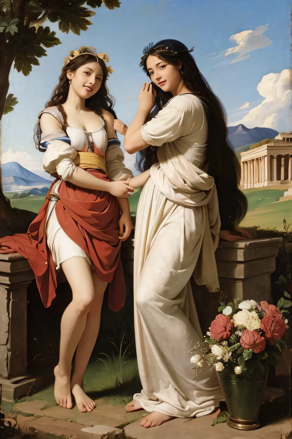  full body portrait or statue、Giorgione painting style,Arguments of two female Philosophe,math、astronomical machine、astronaut、roses in vase、fruits、Cute trinkets、smile、ancient greek costume、Ancient Roman landscape in the style of Nicolas Poussin,laughter,,Sweet and seductive appearance.、Caravaggio's paintings、Chiaroscuro of Caravaggio、hair tousled by the wind,Two women frolicking,cute smile, expression of ecstasy,Sexy,erotic