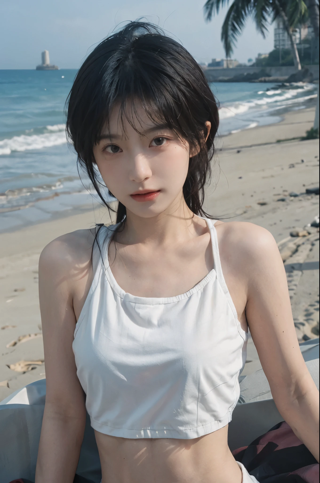 Best quality,Ultra-high resolution,(lifelike:1.4),Cute hairpin,2girll,short hair,jk,Blush,Slim beauty:1.4,Visible abdominal muscles,on the beach,Ultra-fine face,Exquisite eyes,Double eyelids,