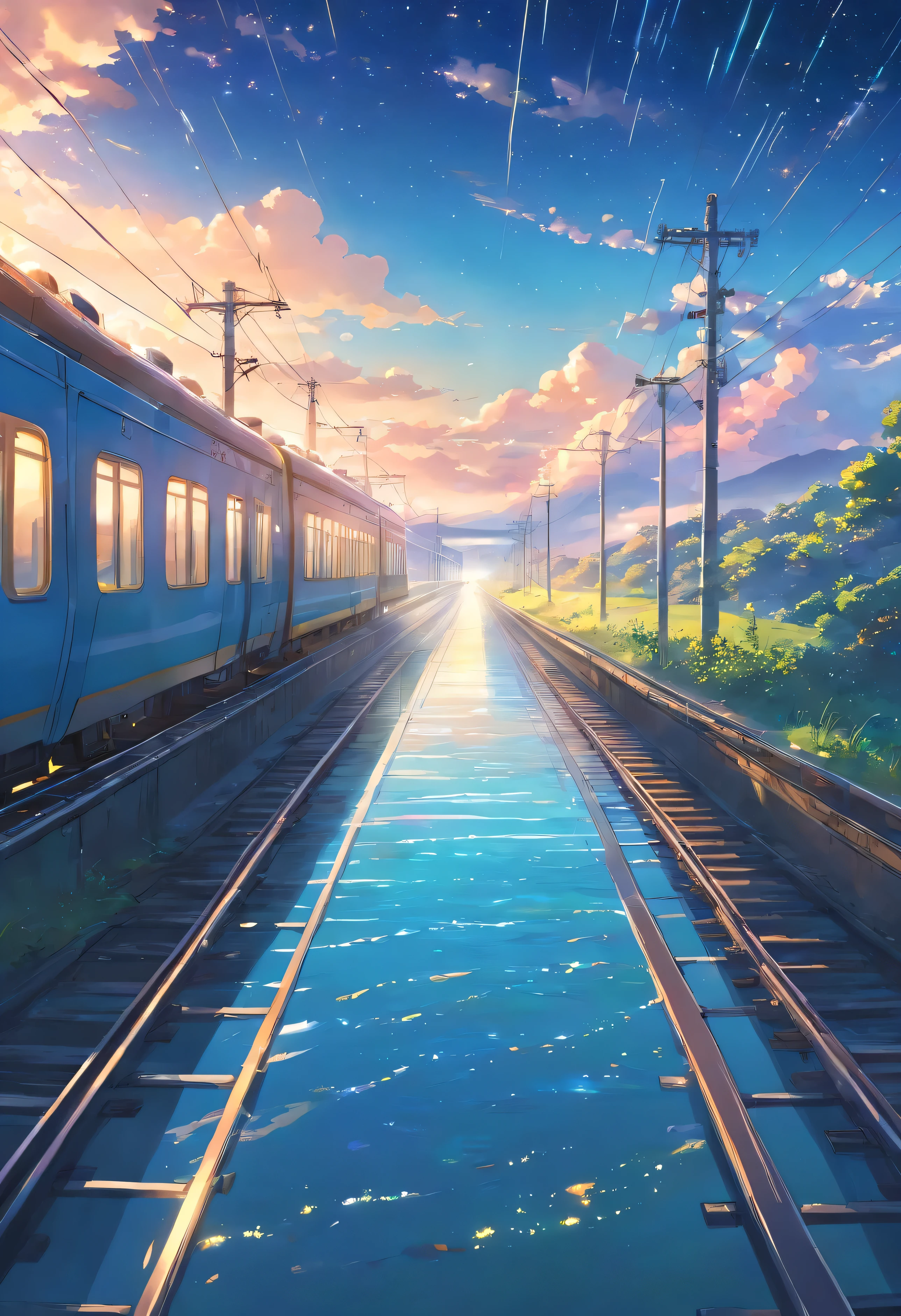 High-quality masterpiece ,landscape,Cartoon train on tracks passing through body of water, Shine under the stars。Romantic train,Pure,concept art,Lofi Art style,reflector。 author:Xin Haicheng, Lofi Art, Beautiful anime scene, Anime Landscape, Detailed scenery —width 672, Xin Haicheng风格, Xin Haicheng的风格,Detail Enhancement