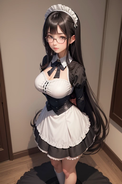 Female Doll、adult、Large Breasts、Open the chest、Gold-rimmed glasses、Braided Hair、Pottery body、Luo Ling humanoid、steampunk、Expressionleselancholy、dark、Low saturation、Low Contrast、Sepia、Faded colors、Glass-like eyeballaid clothes、Apron dress、Exposed bare skin