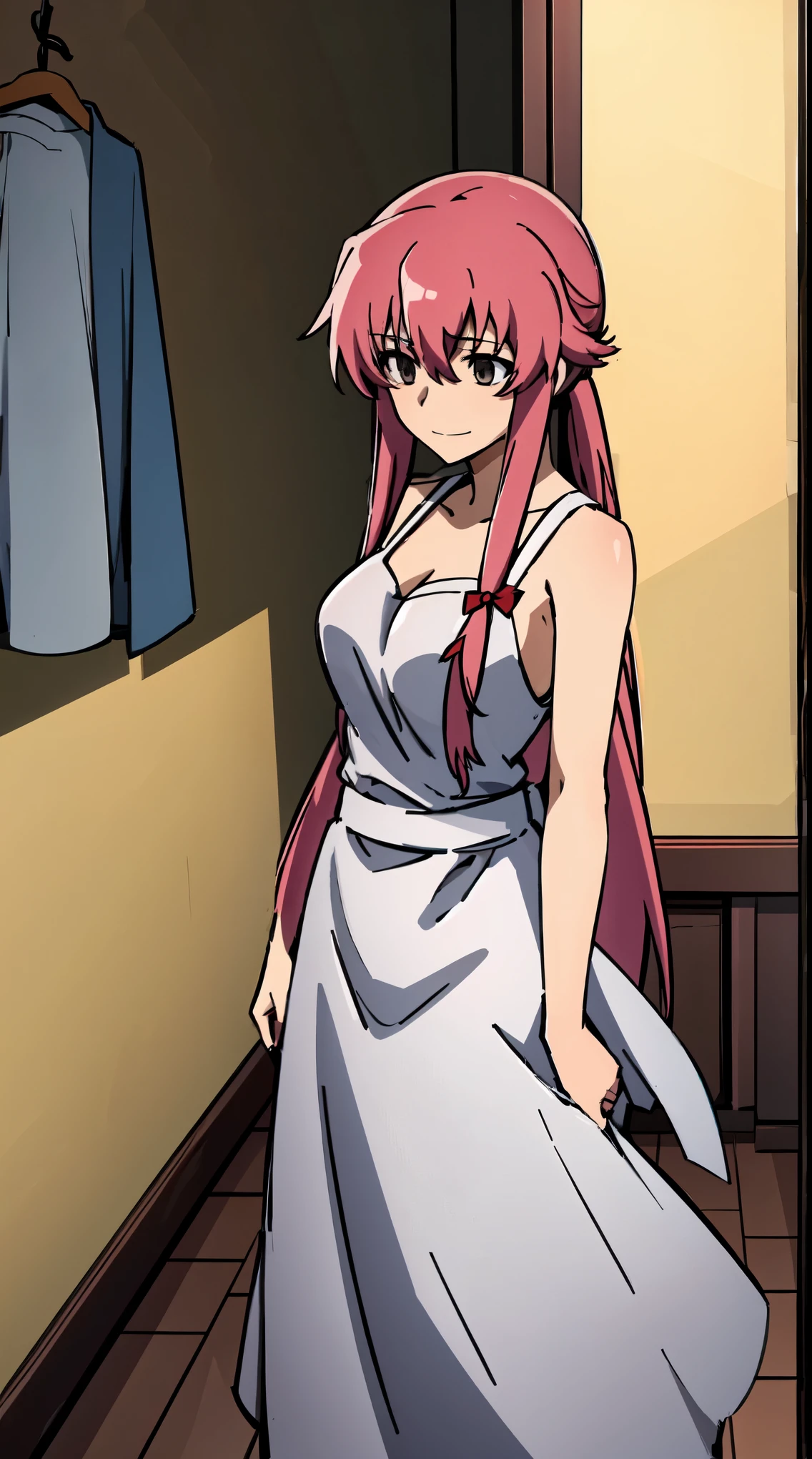 Title: "The Madness of Yuno Gasai"

Description: Yuno Gasai, the enigmatic and troubled character from Mirai Nikki, sits in a dark and foreboding room, surrounded by the eerie silence of the night. The air is thick with the scent of blood and madness as she gazes out the single window, where the darkness of the woods seems to be closing in.

Her eyes, once bright and piercing, now seem to hold a hint of madness as they stare out into the darkness. Her skin is pale and blood-stained, with splatters of crimson on her clothes and apron. The black choker seem to add a sense of darkness to her already unsettling demeanor.

The room itself is a testament to Yuno's descent into madness, with scattered pieces of paper and sharp knives strewn about. The writing on the paper seems to be a jumbled mix of thoughts and emotions, hinting at the chaos that has consumed her mind.

As the lightning flashes outside, Yuno's smile grows wider, revealing a sinister glint in her eyes. Her large breasts are exposed, but it's not just her physical appearance that's unsettling - it'

The room itself is a testament to Yuno's descent into madness, with scattered pieces of paper and sharp knives strewn about. The writing on the paper seems to be a jumbled mix of thoughts and emotions, hinting at the chaos that has consumed her mind.

As the lightning flashes outside, Yuno's smile grows wider, revealing a sinister glint in her eyes. Her large breasts are exposed, but it's not just her physical appearance that's unsettling - it's the sense of unease that pervades every aspect of this scene.

**Artistic style:** The art piece would be created in a dark, atmospheric style, with bold brushstrokes and muted colors. The focus would be on capturing the sense of unease and madness that permeates the scene, with bold lines and shadows used to emphasize Yuno's troubled expression. The overall effect would be a haunting and unsettling image that draws the viewer in despite their better judgment.