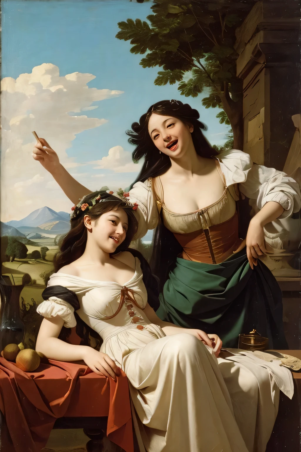 Prompt: Prompt: full body portrait or statue、Giorgione painting style,Arguments of two female Philosophe,math、astronomical machine、astronaut、roses in vase、fruits、Cute trinkets、smile、ancient greek costume、Ancient Roman landscape in the style of Nicolas Poussin,laughter,,Sweet and seductive appearance.、Caravaggio's paintings、Chiaroscuro of Caravaggio、hair tousled by the wind,Two women frolicking,cute smile, expression of ecstasy,Sexy,erotic