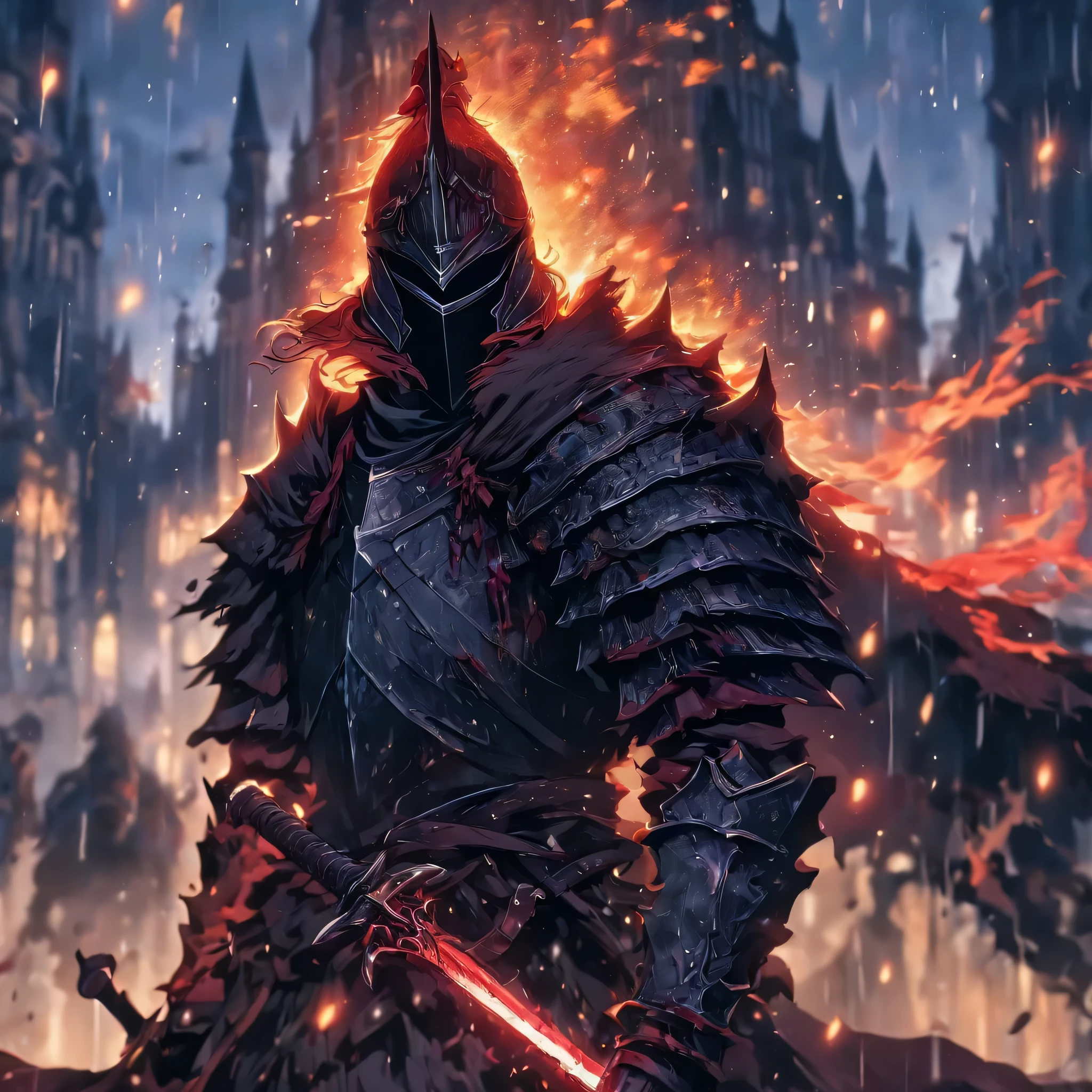 um close up de uma pessoa segurando uma espada na chuva, cavaleiro de sangue, cavaleiro da fantasia, 8k arte detalhada de alta qualidade, badass anime 8 k, de arknights, cavaleiro do mal, gothic knight, Estilo de Arte Dark Souls, arknights, fallen knight, cavaleiro blindado em vermelho, Arte de fantasia 4k, Epic fantasy digital art style, Arte de fantasia 8k mulher