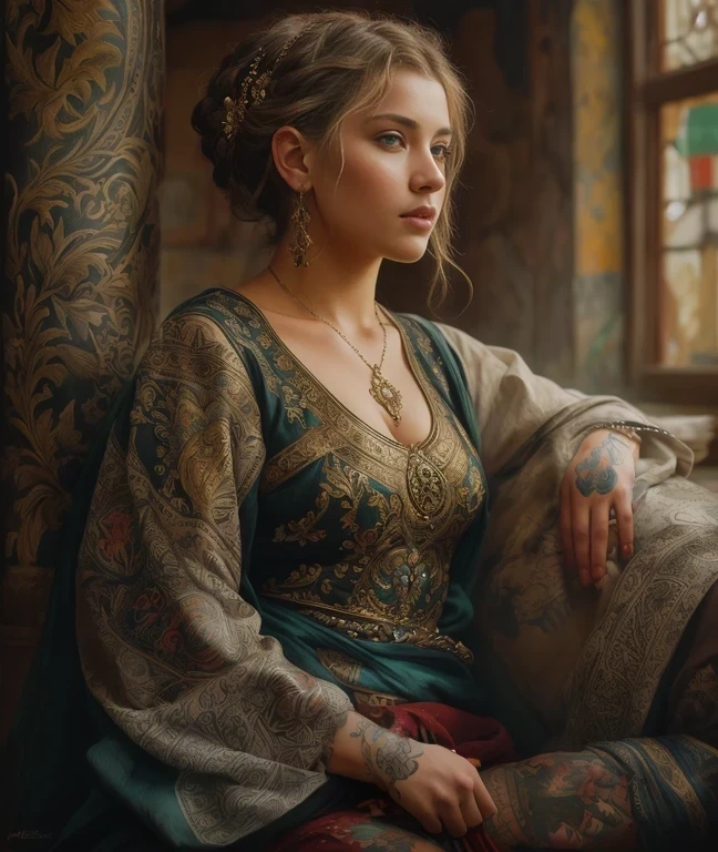 PLEASE fix image, Masterpiece, upper body portrait, girl, tattoos, middle ages, traditional clothing, classicism, andrey atroshenko style, painting, traditional media, realistic, figurative, fine art, oil on canvas, HDR, 8K, original character, high resolution, high detail, focus on the face, intricate, flawless