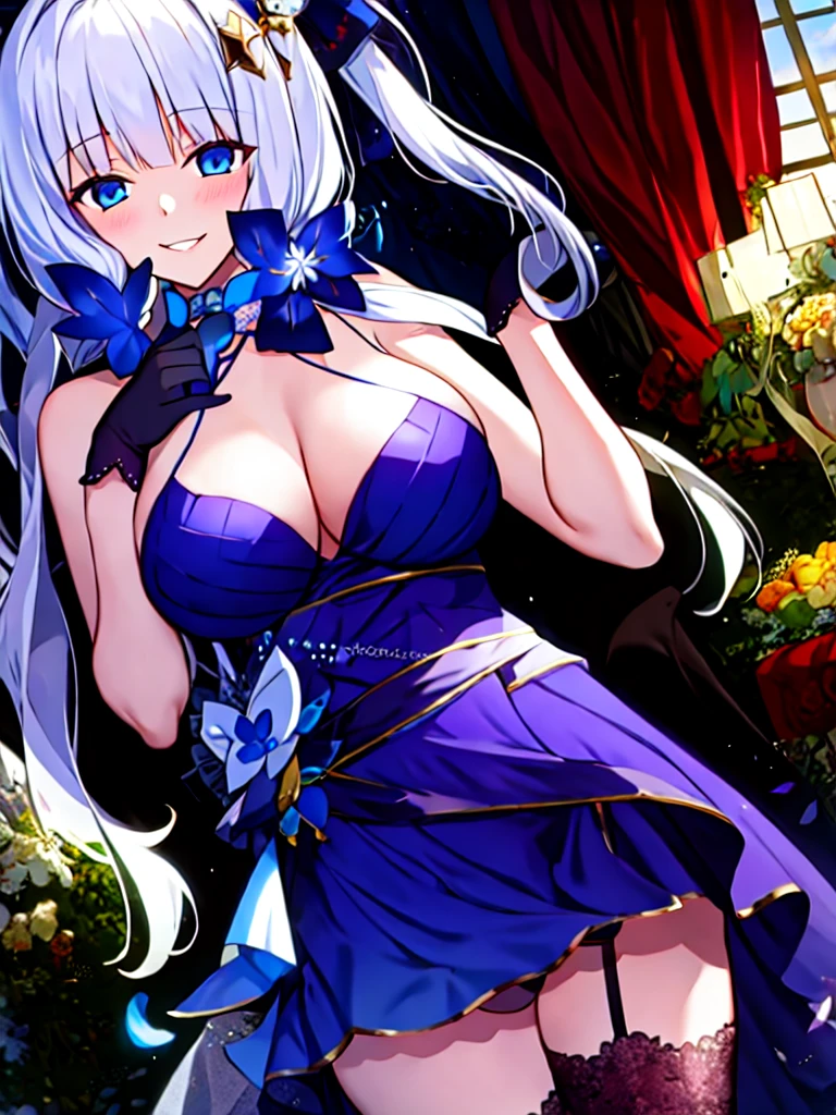 (masterpiece, best quality:1.2), 1girl, solo, white hair, black gloves, hand up, black stockings, indoors,smirk