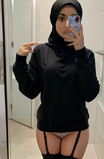 mirror selfie, average Saudi girl, hijab, panties visible, jumper