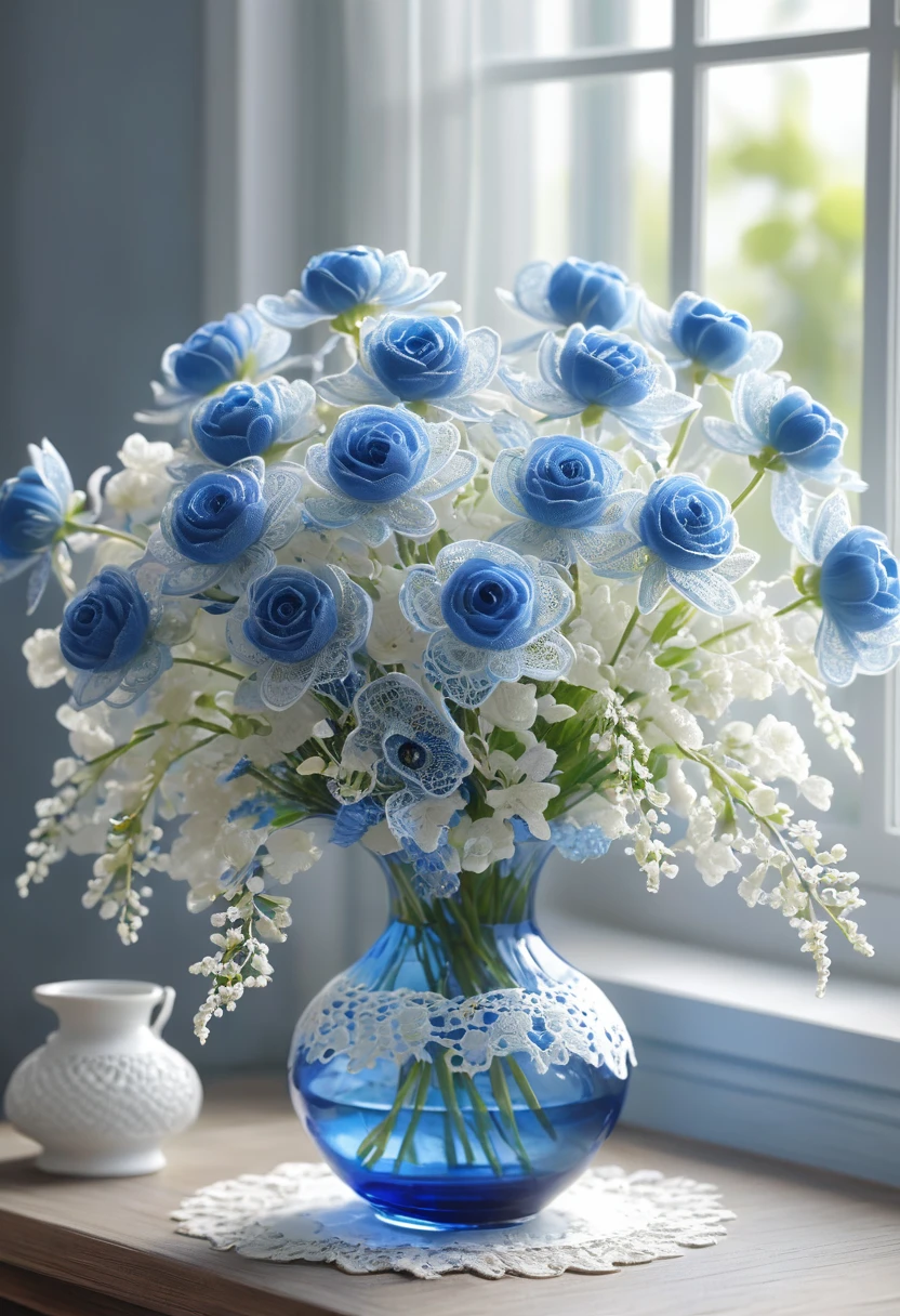 Blue and white laceで出来た花, Beautiful lace flowers, Lace flowers decorating the room, indoor, Beautiful glass vase, Blue and white lace, Very delicate lace, best quality:1.2, 4k, 8K, Very detailed, High Detail, masterpiece:1.2, 