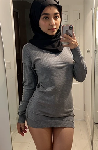mirror selfie, average Saudi girl, hijab, panties visible, jumper, dress