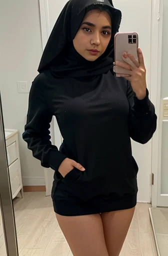 mirror selfie, average Saudi girl, hijab, panties visible, jumper, dress
