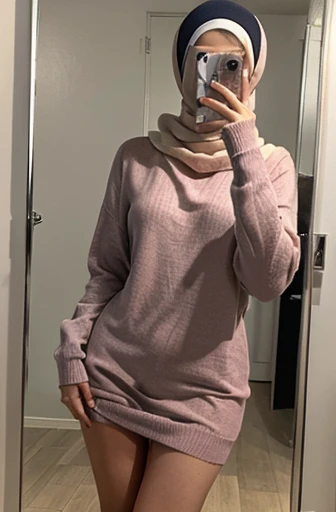 mirror selfie, average Saudi girl, hijab, panties visible, jumper, dress