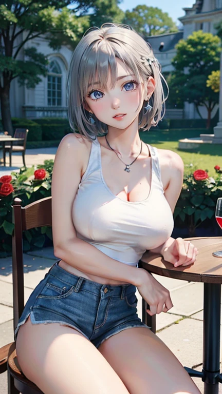 pretty girl、blue eyes、smile、Big Breasts、Silver blonde short bob、Smooth Skin、(White tank top、Blue shorts)、Earrings、necklace、 blue sky、(Rose Garden、Red and white)、Holding a red rose in both hands、Scenery of a park with seasonal flowers in full bloom、There are chairs and a table、Shot from the knee up、looking at the camera、Professional Lighting、( highest quality、High resolution, 8k, masterpiece),
