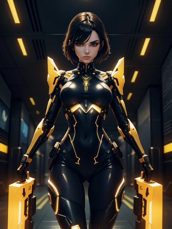 a (giraffe pattern outfit) yellow and black outfit,sword,beautiful cyberpunk woman,cyberpunk angry gorgeous goddess,beautiful cyborg girl ,hyper realistic,intricate details,cinematic lighting,vibrant colors,award winning,stunning,masterpiece
