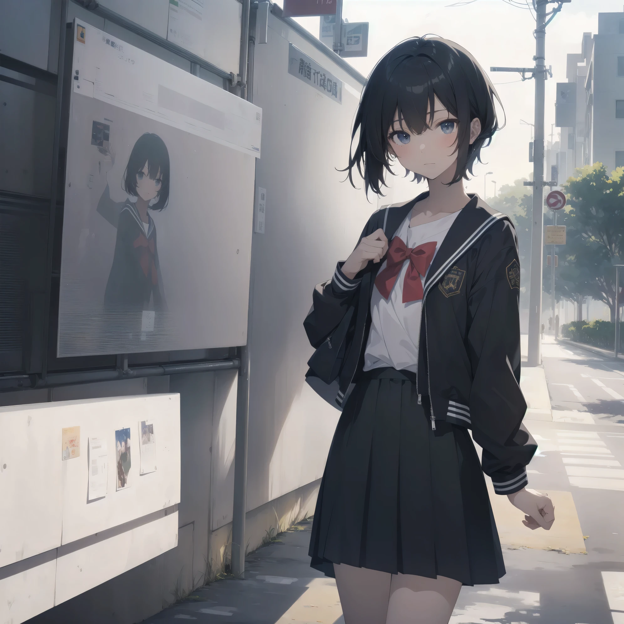 ultra-absurdres-Top quality by artist God, ultra-detailed, high resolution, anime moe artstyle, best anime 8k konachan wallpaper, pixiv contest winner, pool:2810, perfect anatomy,break, 1girl, (Please draw a girl walking sleepily to school alone. )break,(Solo,little female, 13-year-old:1.3),Full limbs, complete fingers,a junior high school student, (very short hair), short cut, flat chest, , small butt, small black eyes, beautiful detailed eyes, well-proportioned iris and pupils, expressive eyes, highres detailed hair, soft expression, salor school_uniform, sailor collar, serahuku, bow, pleated skirt,(Detailed Lighting), (Detailed background), in the School commute route. break,super detailed skin, Best cinematic lighting powered by famous artist, 8k,beauty illustration,photoshop_(medium),very aesthetic,break,((artist:yukie_(kusaka_shi) )), artist:clamp ,artist:carnelian ,artist:kantoku ,