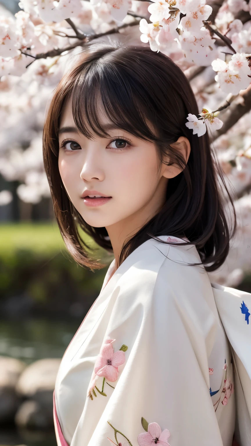 (logo、masterpiece、8k、Tabletop、RAW Photos、wonderful、最high quality、Realistic、Very detailed CG 統合 8k 壁紙、high quality、Very detailed、narrative poem、Particle Effects、Dynamic Effects、Depth of written boundary、Cinematic Light、Lens flare、Ray Tracing)、Fantasy、 (1 beauty、White kimono、Japanese clothing、White cherry blossom pattern、White cherry blossom embroidery pattern、Black-haired、Beautiful Face、True Face、Beautiful details in the eyes、Beautiful Skin)、Hair flutters in Wind、Hair bounces、Pink cherry blossom tree、Petals flutter、SakuraFubuki、wonderful景色、Morning Glow、Sun in the background、Wind、god々、tooth、god話、Vast land、