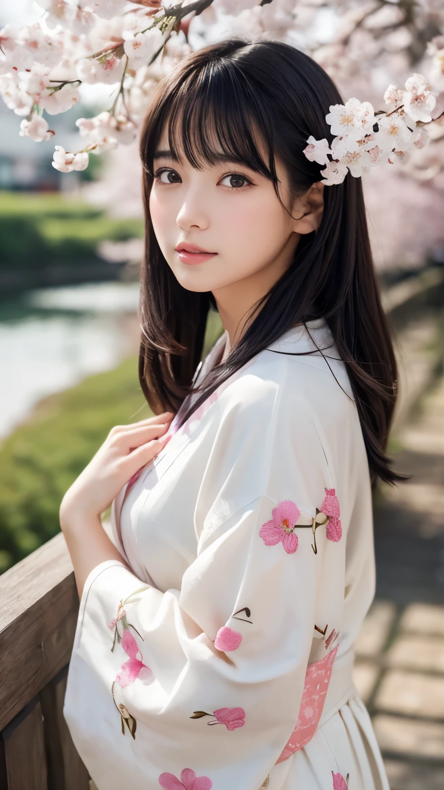 (logo、masterpiece、8k、Tabletop、RAW Photos、wonderful、最high quality、Realistic、Very detailed CG 統合 8k 壁紙、high quality、Very detailed、narrative poem、Particle Effects、Dynamic Effects、Depth of written boundary、Cinematic Light、Lens flare、Ray Tracing)、Fantasy、 (1 beauty、White kimono、Japanese clothing、White cherry blossom pattern、White cherry blossom embroidery pattern、Black-haired、Beautiful Face、True Face、Beautiful details in the eyes、Beautiful Skin)、Hair flutters in Wind、Hair bounces、Pink cherry blossom tree、Petals flutter、SakuraFubuki、wonderful景色、Morning Glow、Sun in the background、Wind、god々、tooth、god話、Vast land、