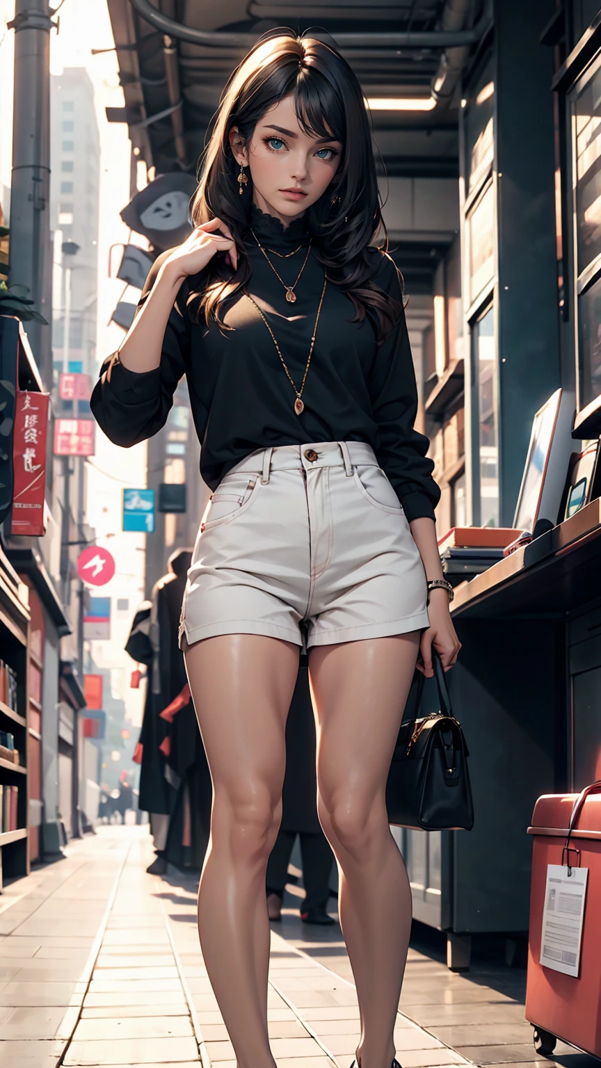 (whole body:ung girl, Smart Casual, Hacker's Server Room, Detailed face, ((Cool look)), (Short, straight, thin bangs:1.2), Super detailed photos, (Realistic), (Intricate details:1),(masterpiece :1), (highest quality:1), 超High resolution, (Fine grain), (Detailed faceの特徴), High resolution, 8K resolution, (Lens flare:0.5), Light from afar, (smile, joy)