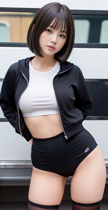 Are standing、One beautiful woman、Japanese Idols、18-year-old、Bloomers、Gym suit、High leg、sexy、Big Breasts、Long legs、Stylish、Black knee-high socks、highest quality、High quality、Facial details、short hair、Straight Hair、Brown eyes、Japanese Trains、(nsfw)