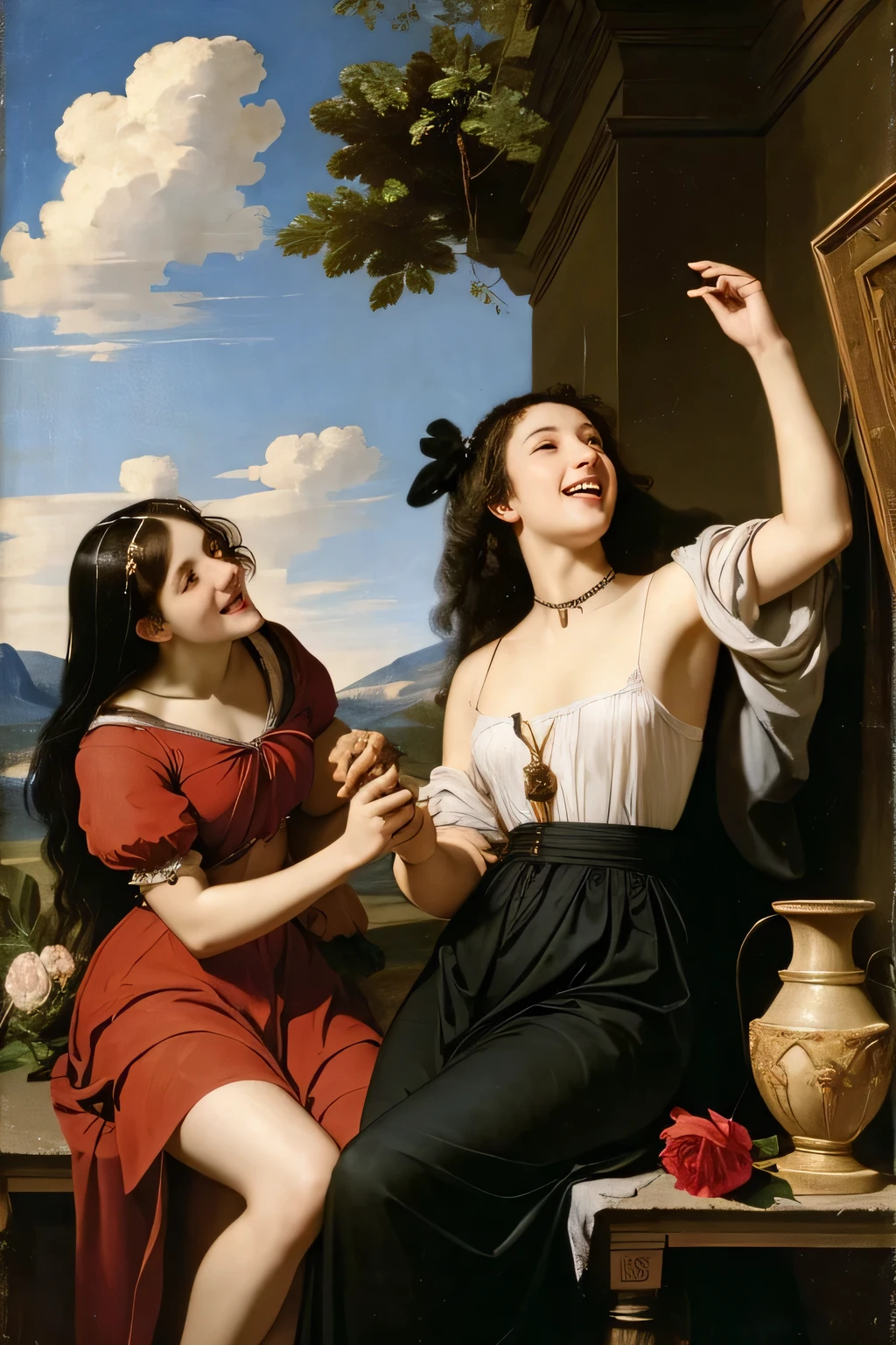 Prompt: Prompt: full body portrait or statue、Giorgione painting style,Arguments of two female Philosophe,math、astronomical machine、astronaut、roses in vase、fruits、Cute trinkets、smile、ancient greek costume、Ancient Roman landscape in the style of Nicolas Poussin,laughter,,Sweet and seductive appearance.、Caravaggio's paintings、Chiaroscuro of Caravaggio、hair tousled by the wind,Two women frolicking,cute smile, expression of ecstasy,Sexy,erotic
