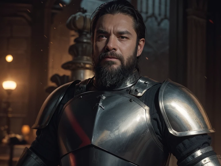 Cinematic, medieval fantasy, knight in shining armor standing assertively, dynamic battlefield backdrop with a mix of warm light and shadowy areas, highly detailed silver steel armor with protective pauldrons, early morning light casting long shadows, intense gaze suggesting a pivotal story moment, 32k resolution, Color Grading, ultra HD, extreme meticulous detailing, 35 mm