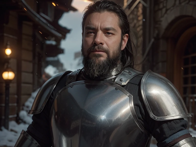 Cinematic, medieval fantasy, knight in shining armor standing assertively, dynamic battlefield backdrop with a mix of warm light and shadowy areas, highly detailed silver steel armor with protective pauldrons, early morning light casting long shadows, intense gaze suggesting a pivotal story moment, 32k resolution, Color Grading, ultra HD, extreme meticulous detailing, 35 mm