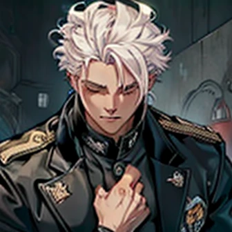 (((Best quality ,artwork ))) human Male white Mad hair  ,one scar eye closed ,Uniform 