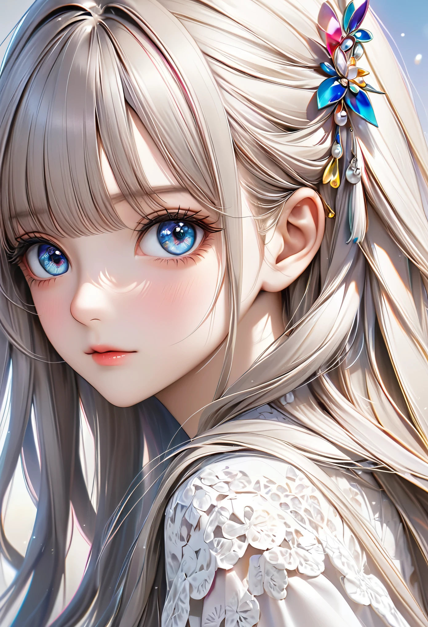 a beautiful girl wearing a white dress, detailed portrait with long hair and bangs, following the rule of thirds, detailed jewelry, (best quality,4k,8k,highres,masterpiece:1.2),ultra-detailed,(realistic,photorealistic,photo-realistic:1.37),extremely detailed eyes and face, longeyelashes,highres,detailed,sharp focus,Vivid Color Full Body