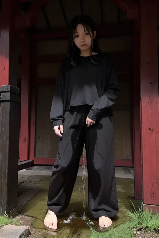 Japanese Girl sees the ghost and pees her black palazzo pants until her pants are wet in fright.