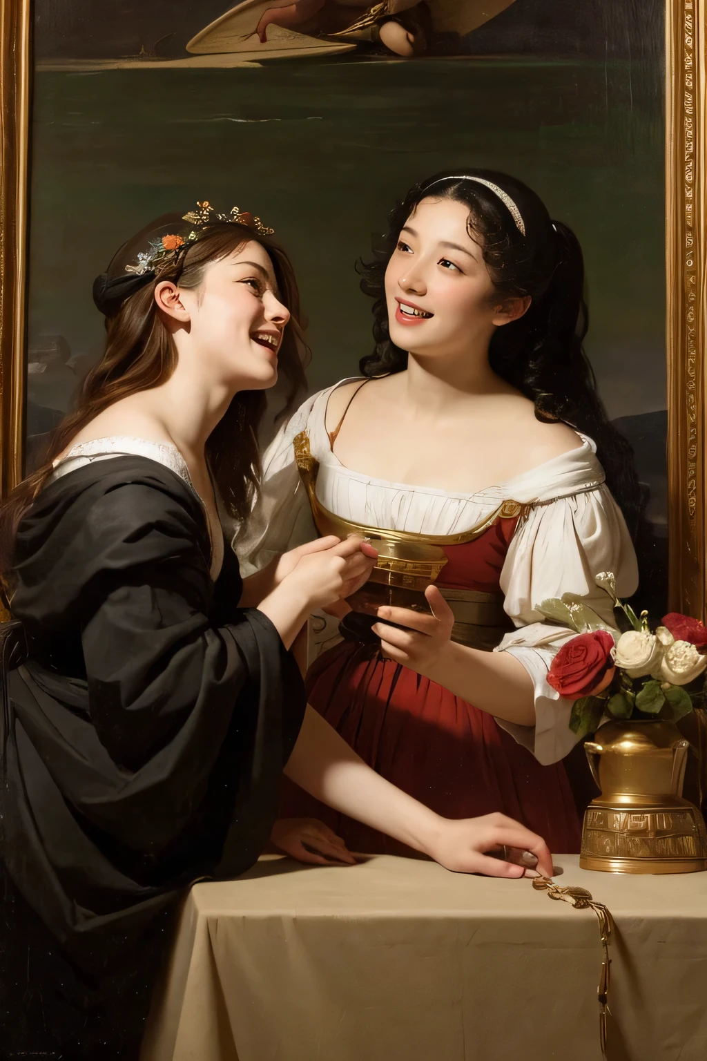 Prompt: Prompt: full body portrait or statue、Giorgione painting style,Arguments of two female Philosophe,math、astronomical machine、astronaut、roses in vase、fruits、Cute trinkets、smile、ancient greek costume、Ancient Roman landscape in the style of Nicolas Poussin,laughter,,Sweet and seductive appearance.、Caravaggio's paintings、Chiaroscuro of Caravaggio、hair tousled by the wind,Two women frolicking,cute smile, expression of ecstasy,Sexy,erotic