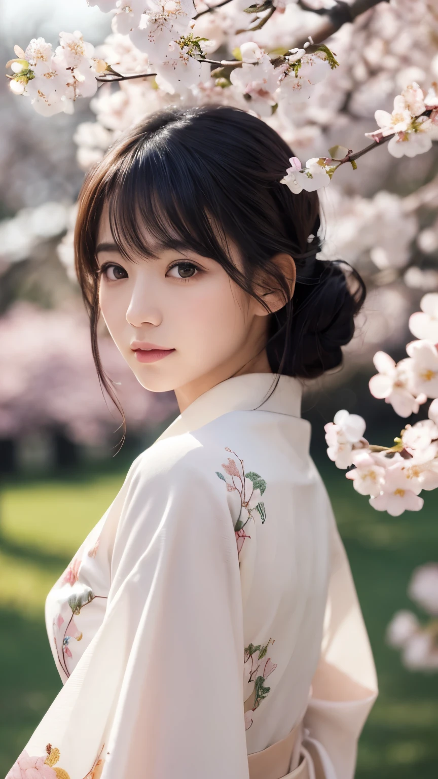 (logo、masterpiece、8k、Tabletop、RAW Photos、wonderful、最high quality、Realistic、Very detailed CG 統合 8k 壁紙、high quality、Very detailed、narrative poem、Particle Effects、Dynamic Effects、Depth of written boundary、Cinematic Light、Lens flare、Ray Tracing)、Fantasy、 (1 beauty、White kimono、Japanese clothing、White cherry blossom pattern、White cherry blossom embroidery pattern、Black-haired、Beautiful Face、True Face、Beautiful details in the eyes、Beautiful Skin)、Hair flutters in Wind、Hair bounces、Pink cherry blossom tree、Petals flutter、SakuraFubuki、wonderful景色、Morning Glow、Sun in the background、Wind、god々、tooth、god話、Vast land、