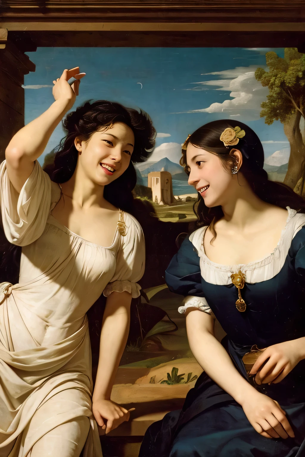 Prompt: Prompt: full body portrait or statue、Giorgione painting style,Arguments of two female Philosophe,math、astronomical machine、astronaut、roses in vase、fruits、Cute trinkets、smile、ancient greek costume、Ancient Roman landscape in the style of Nicolas Poussin,laughter,,Sweet and seductive appearance.、Caravaggio's paintings、Chiaroscuro of Caravaggio、hair tousled by the wind,Two women frolicking,cute smile, expression of ecstasy,Sexy,erotic