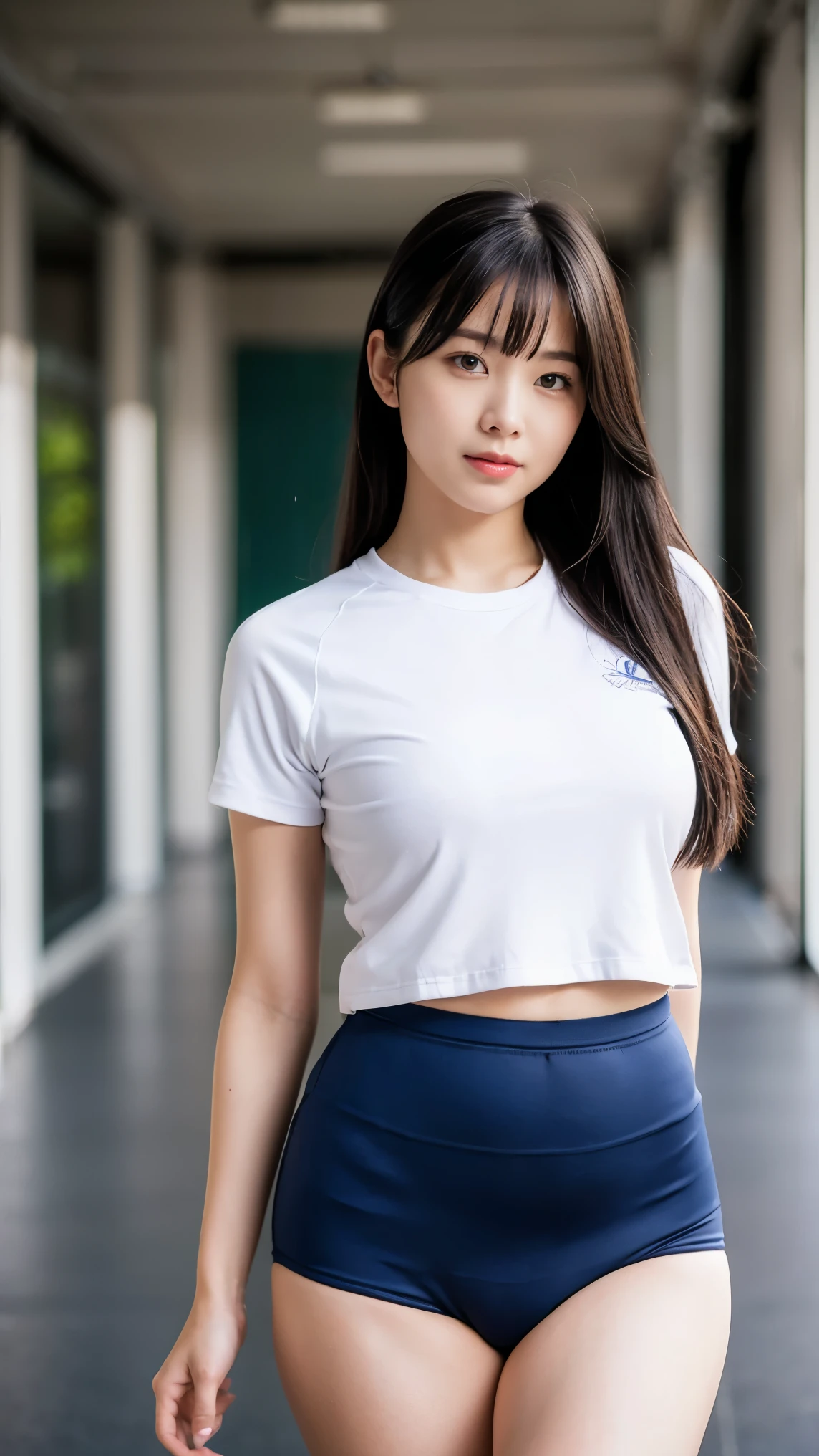 Head to knee portrait、alone、high school girl、Natural body shape、White skin、Natural Makeup、Black Hair、bangs、Straight Long Hair、((School-designated gym clothes))((White gym clothes for the upper body、Long hem))、((S size navy blue tight bloomers))、(((Tuck the bottom of your gym clothes into your bloomers)))、Big Breasts、((The upper body is wearing gym clothes))、Looking into the camera、Focus on the crotch、Her plump thighs are in full view、((walk))、(((School corridor)))