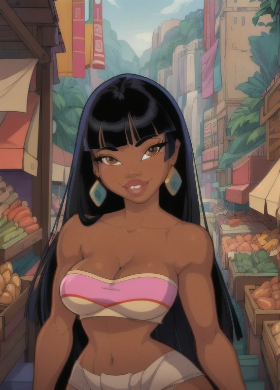 masterpiece, best quality, 1girl, chel, black hair, long hair, blunt bangs, brown eyes, dark skin, lipstick, tube top, cleavage, bare shoulders, earrings, smile, upper body, solo, looking at viewer, market background