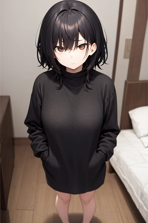 a black-haired girl with an expressionless and cold look almost looking like a psychopath, while standing in the middle of her room