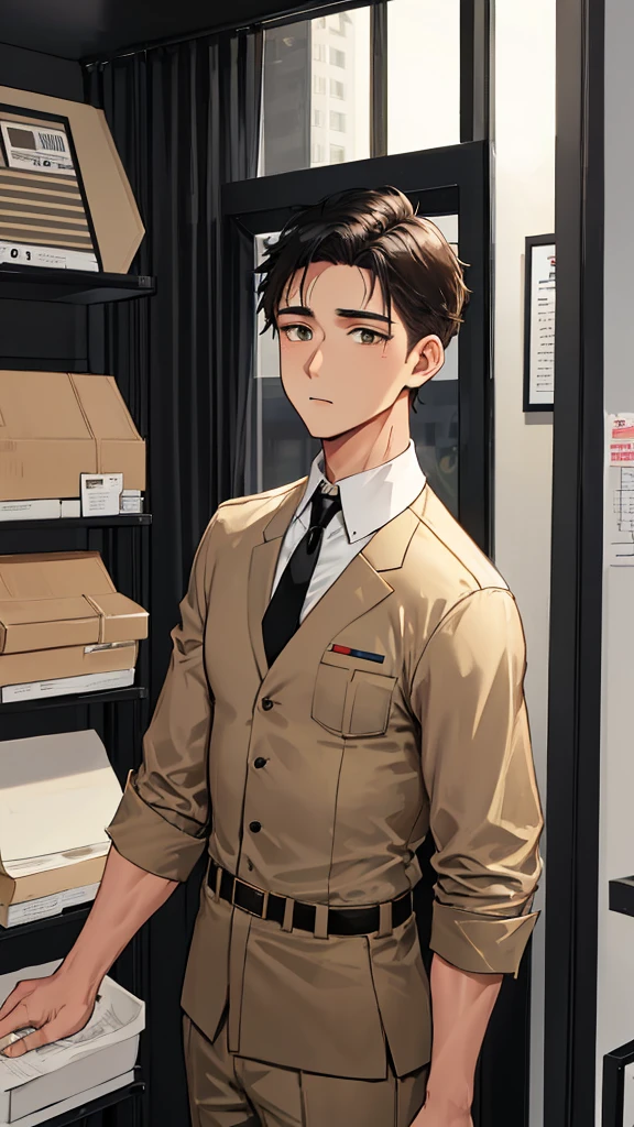 tan dress shirt, black tie, US military officer wearing tan military uniform(beige short hair, Inner wall)