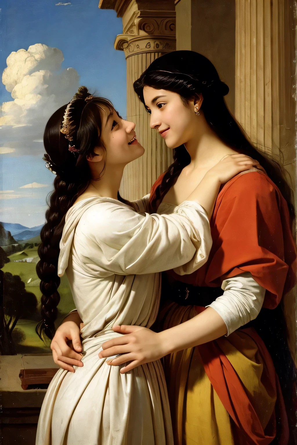 Prompt: Prompt: full body portrait or statue、Giorgione painting style,Arguments of two female Philosophe,math、astronomical machine、astronaut、roses in vase、fruits、Cute trinkets、smile、ancient greek costume、Ancient Roman landscape in the style of Nicolas Poussin,laughter,,Sweet and seductive appearance.、Caravaggio's paintings、Chiaroscuro of Caravaggio、hair tousled by the wind,Two women frolicking,cute smile, expression of ecstasy,Sexy,erotic