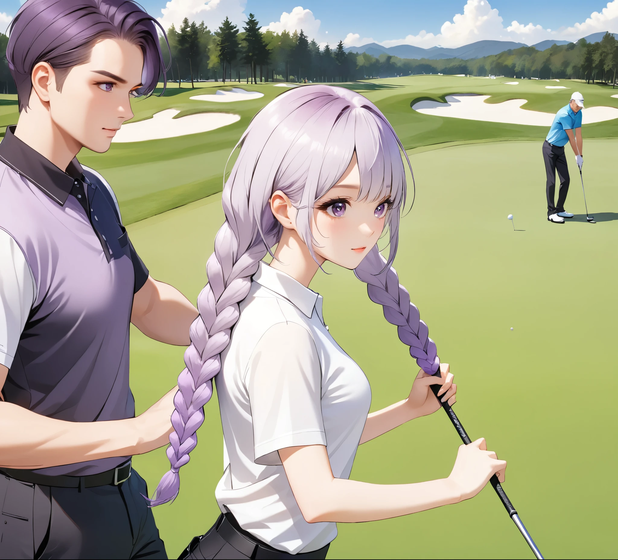 A man，A woman(Purple and White Gradient Double Braids)Together ， Wear casual clothing，golf course，playing golf