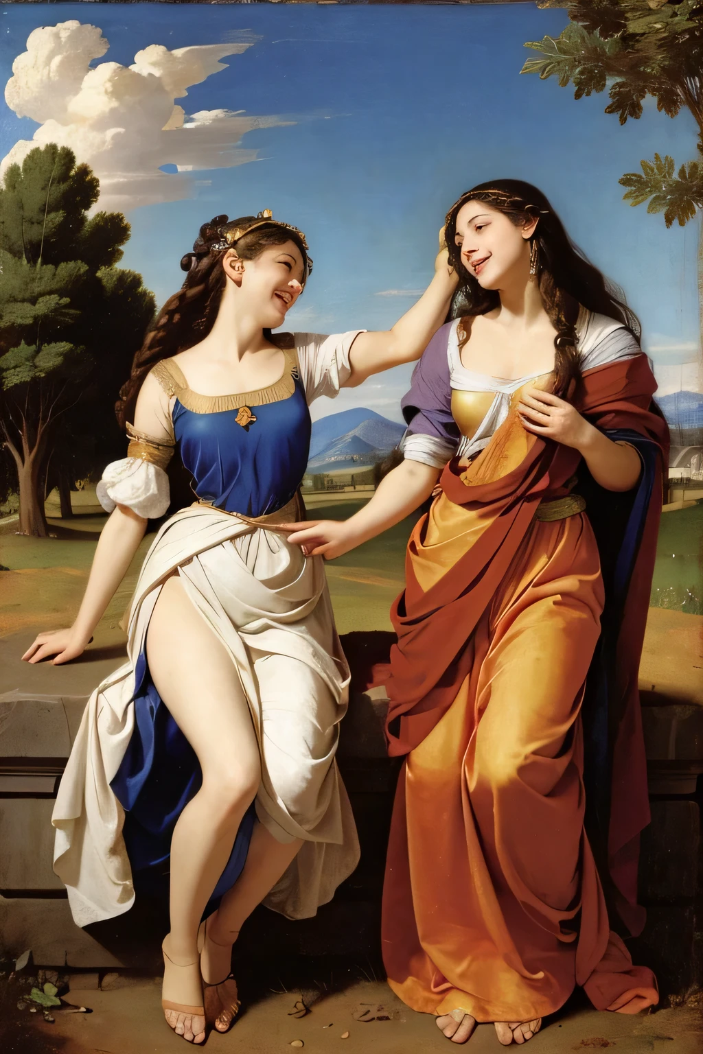 full body portrait or statue、Giorgione painting style,Arguments of two female Philosophe,math、astronomical machine、astronaut、roses in vase、fruits、Cute trinkets、smile、ancient greek costume、Ancient Roman landscape in the style of Nicolas Poussin,laughter,,Sweet and seductive appearance.、Caravaggio's paintings、Chiaroscuro of Caravaggio、hair tousled by the wind,Two women frolicking,cute smile, expression of ecstasy,Sexy,erotic