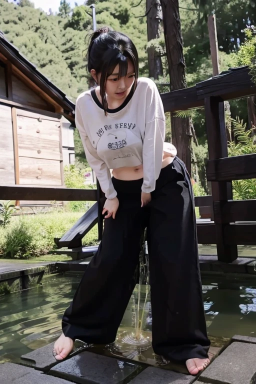 Japanese Girl sees the ghost and pees her black palazzo pants until her pants are wet in fright.